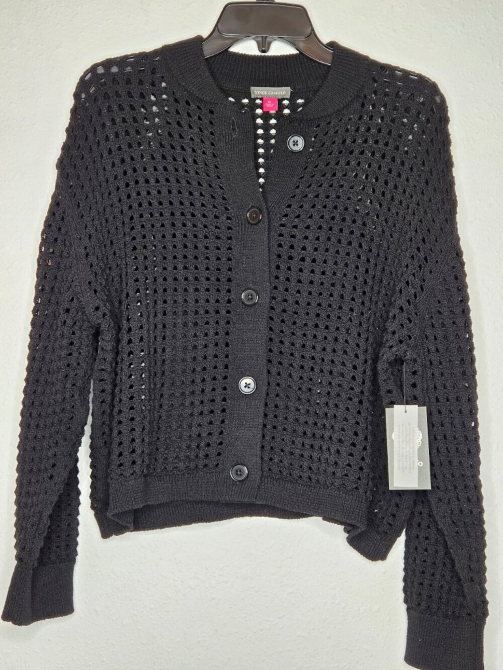 Vince Camuto Textured Mesh Button Bomber Jacket Sweater